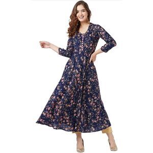 Tissu Navy Blue & Pink Floral Printed Flared Kurta Dress XXL